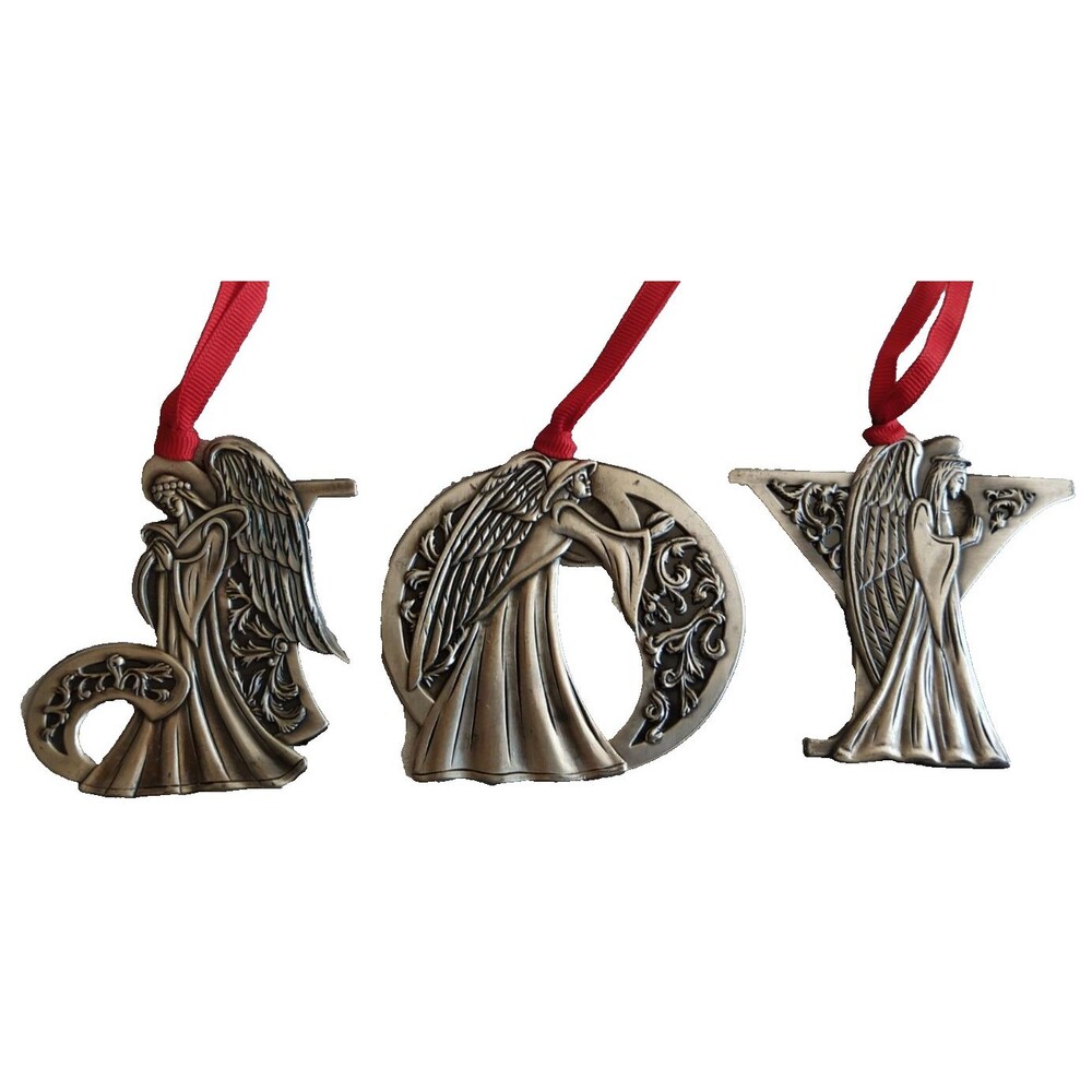 Set 3x Joy Spellout Ornaments Pewter Christmas Angels 1990s May Department Store